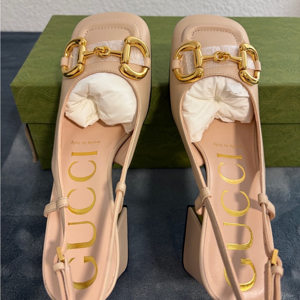 Brand New Gucci Women’s Mid-heel Slingback with Horsebit Skin Rose Size 34 US 4 - Picture 7 of 8